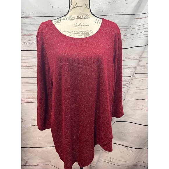 JM Collection Tops - JM Collection Womens XXL Burgundy Metallic Shimmer 3/4 Sleeve Tunic Blouse Top